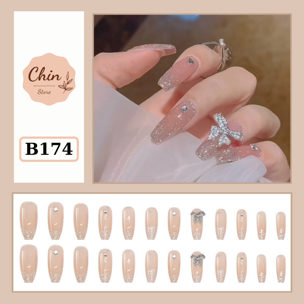 Móng tay giả Nail box đính đá, đính charm kèm keo nhiều mẫu mã tùy chọn bộ 24 móng tay