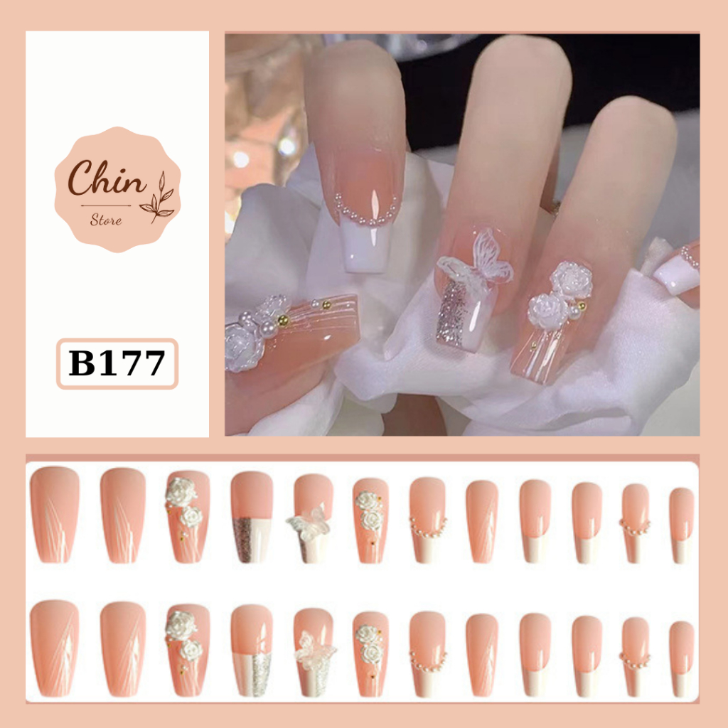 Móng tay giả Nail box đính đá, đính charm kèm keo nhiều mẫu mã tùy chọn bộ 24 móng tay