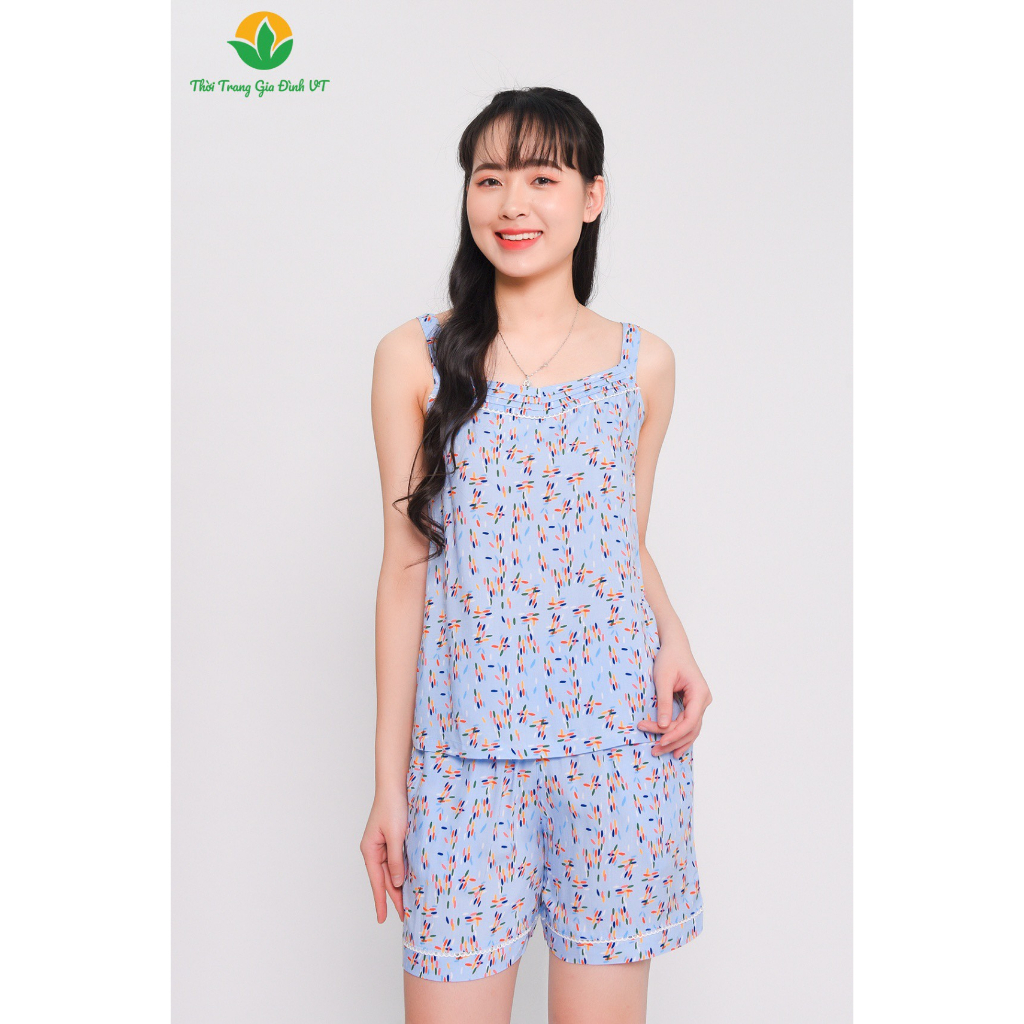 Đồ bộ mặc nhà nữ mùa hè Việt Thắng, quần đùi, áo hai dây, chất Lanh B01.2302