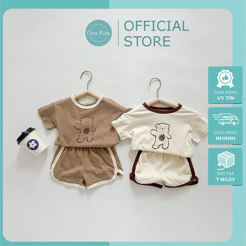 Bộ quần áo cộc tay cho bé ,bộ thun cộc tay chất liệu cotton in hình gấu 2 màu kem nâu phong cách hàn cho bé trai và gái