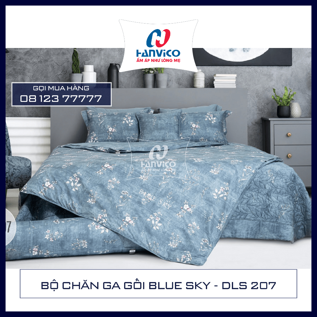 ☀️ Bộ Chăn Ga Gối ☀️ Hanvico Blue Sky DLS 207, Chất liệu - Cotton cao cấp (bán lẻ Ga chun, vỏ gối, vỏ chăn)