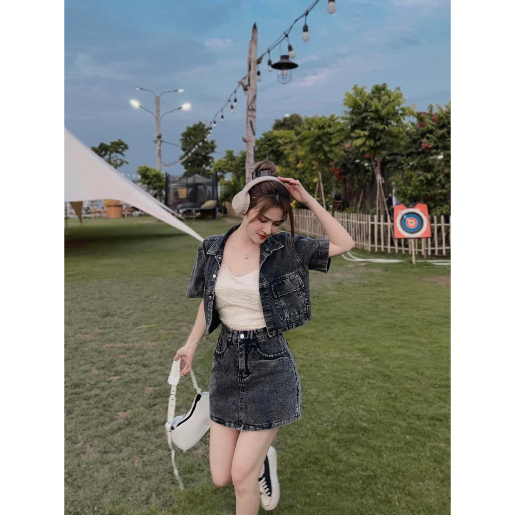 Sét Bộ Áo Jean Croptop Kèm Chân Váy A Sét Bộ Đi Chơi Bigsize Quỳnh Anh Từ 50 kg Đến 100 kg M/L/XL/XXL Sét Áo Và Chân Váy