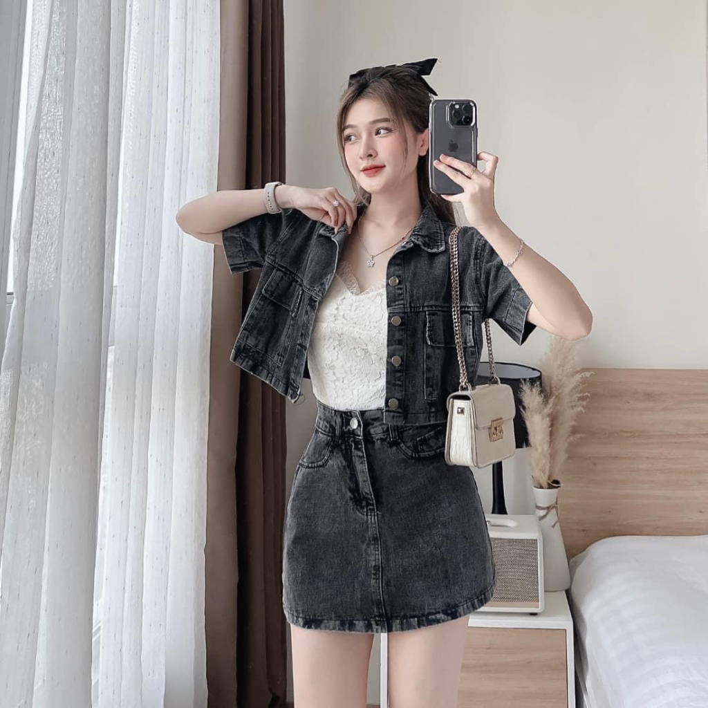 Sét Bộ Áo Jean Croptop Kèm Chân Váy A Sét Bộ Đi Chơi Bigsize Quỳnh Anh Từ 50 kg Đến 100 kg M/L/XL/XXL Sét Áo Và Chân Váy
