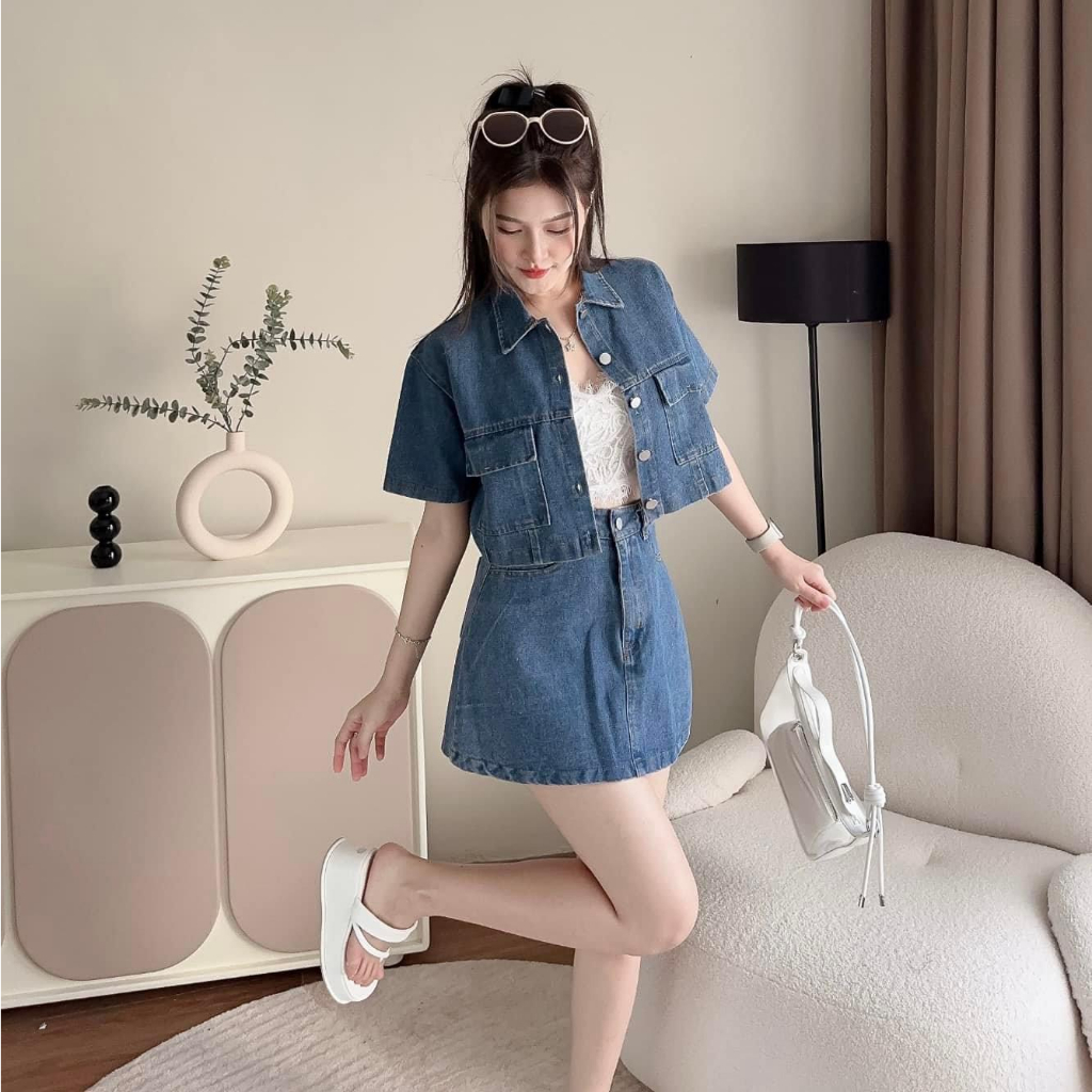 Sét Bộ Áo Jean Croptop Kèm Chân Váy A Sét Bộ Đi Chơi Bigsize Quỳnh Anh Từ 50 kg Đến 100 kg M/L/XL/XXL Sét Áo Và Chân Váy
