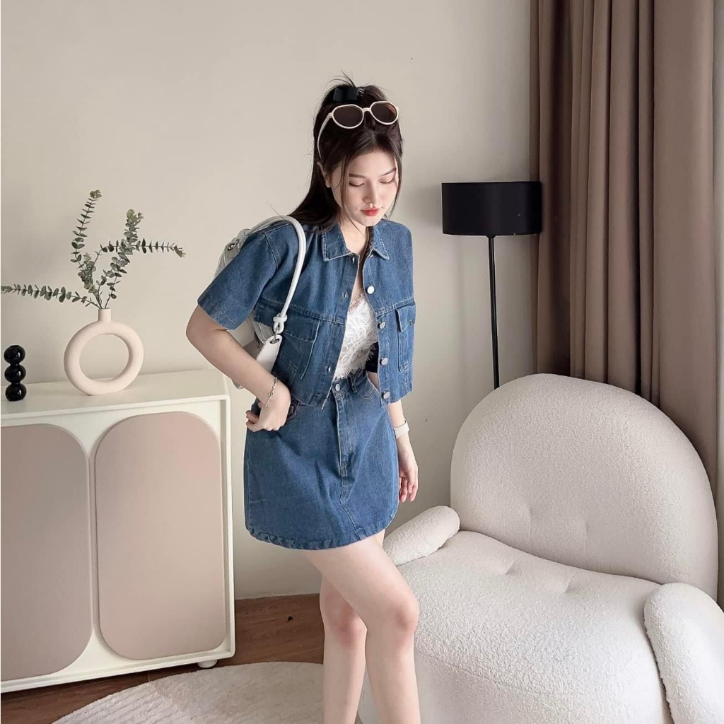 Sét Bộ Áo Jean Croptop Kèm Chân Váy A Sét Bộ Đi Chơi Bigsize Quỳnh Anh Từ 50 kg Đến 100 kg M/L/XL/XXL Sét Áo Và Chân Váy