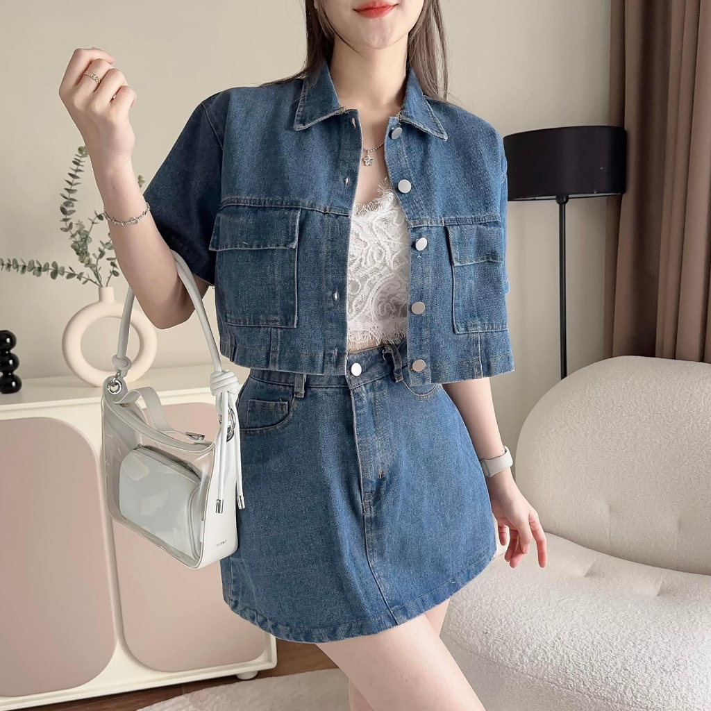 Sét Bộ Áo Jean Croptop Kèm Chân Váy A Sét Bộ Đi Chơi Bigsize Quỳnh Anh Từ 50 kg Đến 100 kg M/L/XL/XXL Sét Áo Và Chân Váy