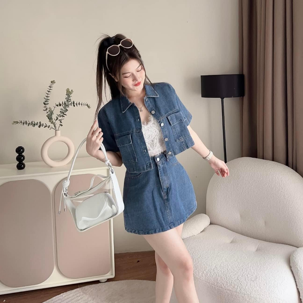 Sét Bộ Áo Jean Croptop Kèm Chân Váy A Sét Bộ Đi Chơi Bigsize Quỳnh Anh Từ 50 kg Đến 100 kg M/L/XL/XXL Sét Áo Và Chân Váy