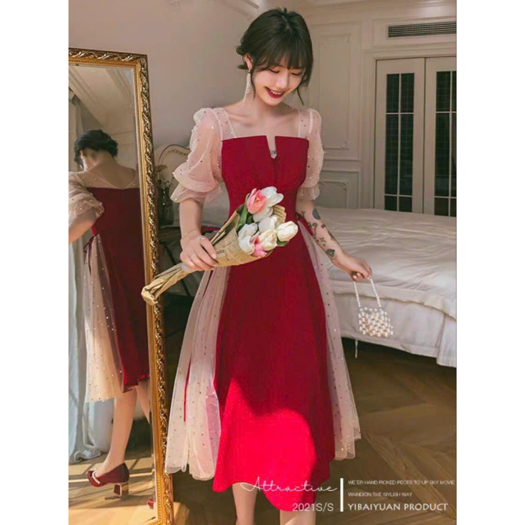 Đầm xòe phối lưới kim sa buộc nơ eo có mút