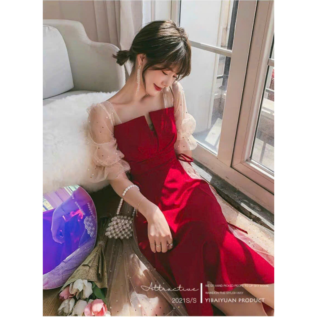 Đầm xòe phối lưới kim sa buộc nơ eo có mút