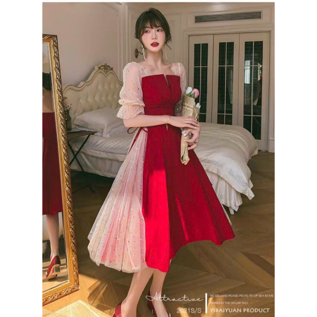 Đầm xòe phối lưới kim sa buộc nơ eo có mút