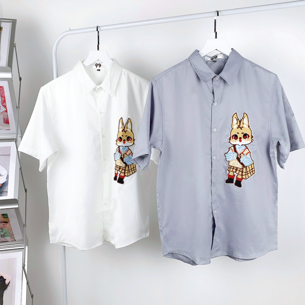 Áo Sơ Mi Tay Ngắn Phối Thỏ Thêu Xù Hàng Thiết Kế Mr Smile 99 Shop SM086