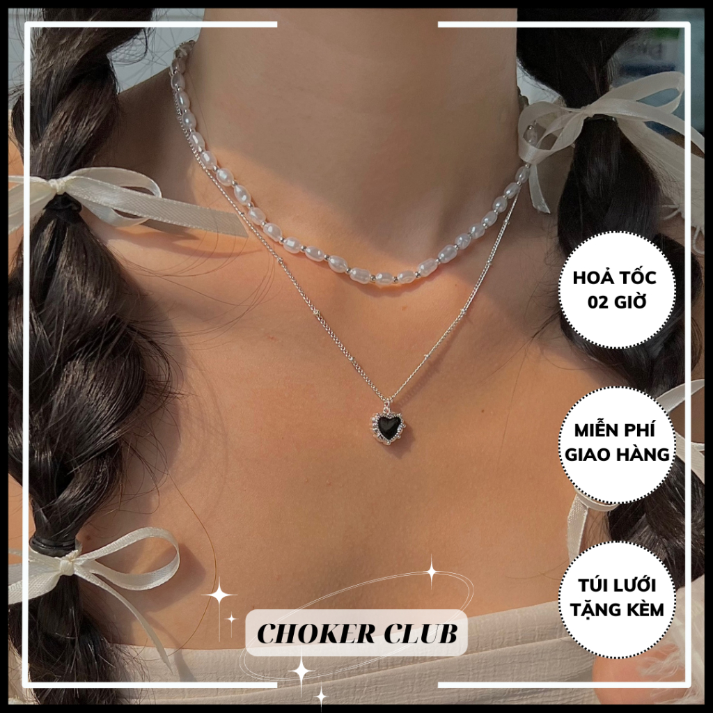 Dây chuyền mặt hình trái tim phối dây ngọc trai nhân tạo set 2 dây rời N195 Choker Club