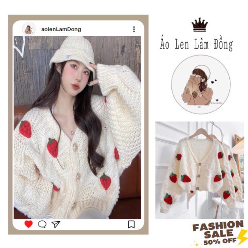Áo khoác cardigan len họa tiết dâu nổi phong cách Hàn Quốc