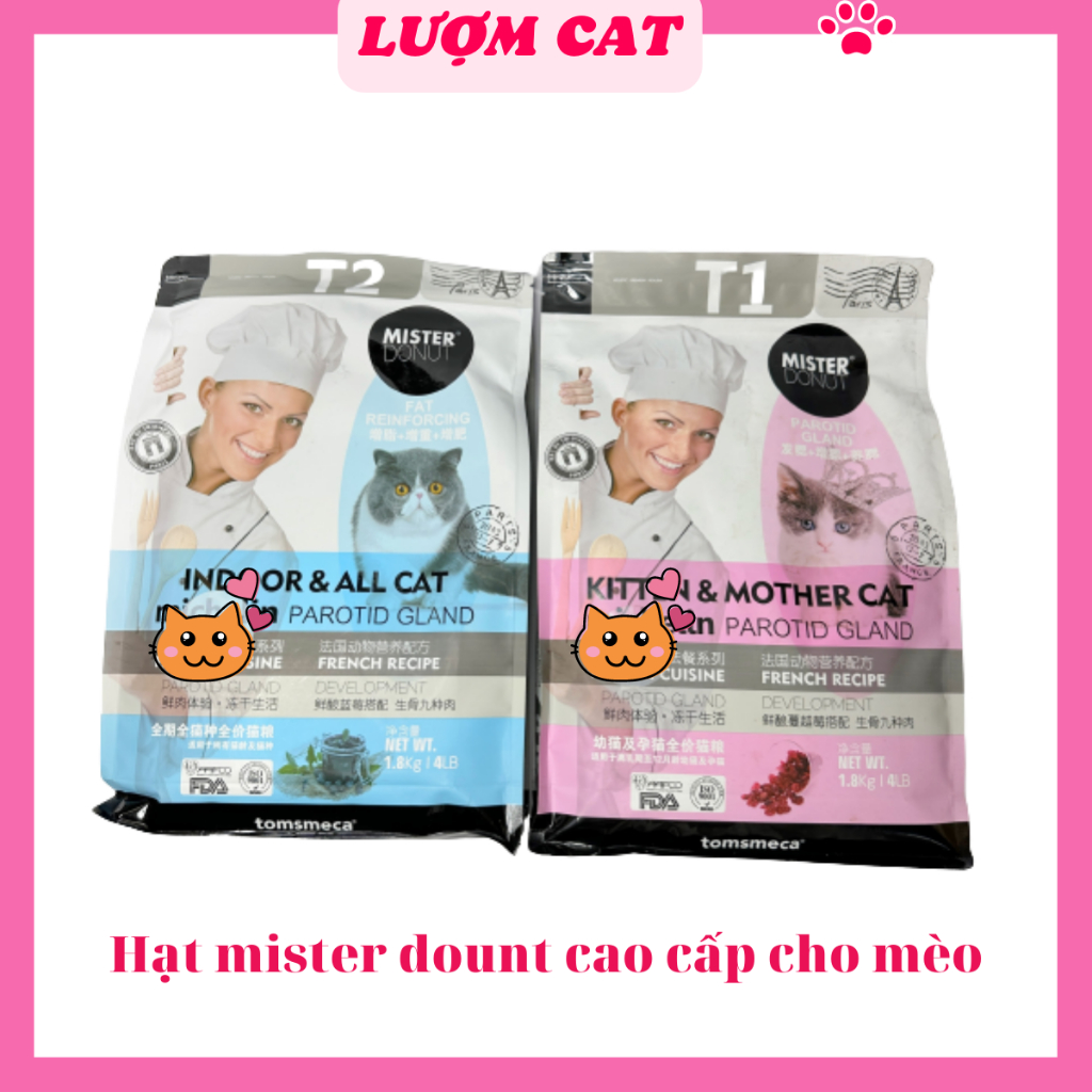 Thức ăn cho mèo, hạt Mister Donut dành cho mèo con và mèo trưởng thành kén ăn, công thức đặc biệt cao cấp gói chiết 1kg