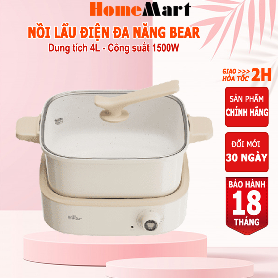 Nồi lẩu điện đa năng Bear 4L 1500W, chống dính cao cấp, lẩu, nướng, chiên, xào, HomeMart – Hàng chính hãng BH 18 tháng