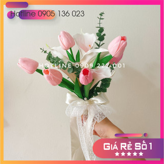 HOA CƯỚI CẦM TAY CÔ DÂU HOA TULIP CHẤT LIỆU CAO CẤP VÀ HOA RUM CALLA LILY