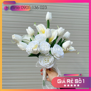 Hoa cưới cầm tay cô dâu hoa cưới tulip lụa cao cấp phụ kiện chụp hình cưới