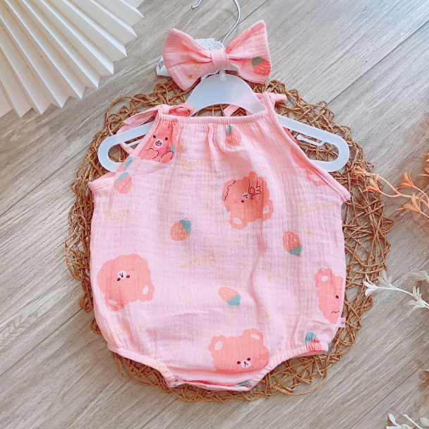 Bộ body 2 Dây xô muslin kèm nơ cho bé