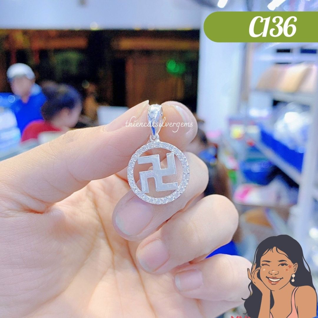 C136 Mặt dây chuyền chữ Vạn đính đá Bạc thật Thiên Cát s950