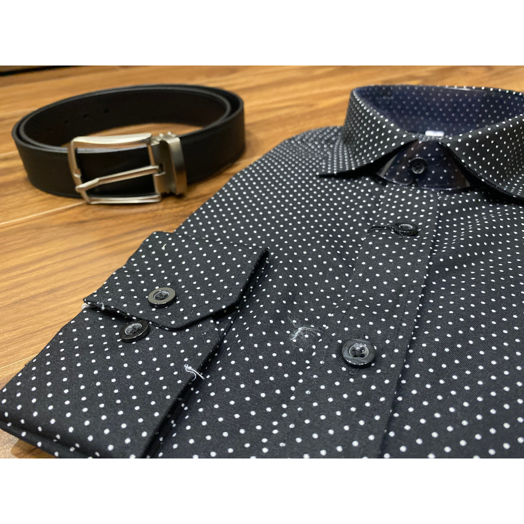 Sơmi nam base đen chấm bi trắng lịch sự form body classic,đi học,đi làm,mặc âu phục sơ vin sang trọng,mát,ko nhăn.mồ hôi
