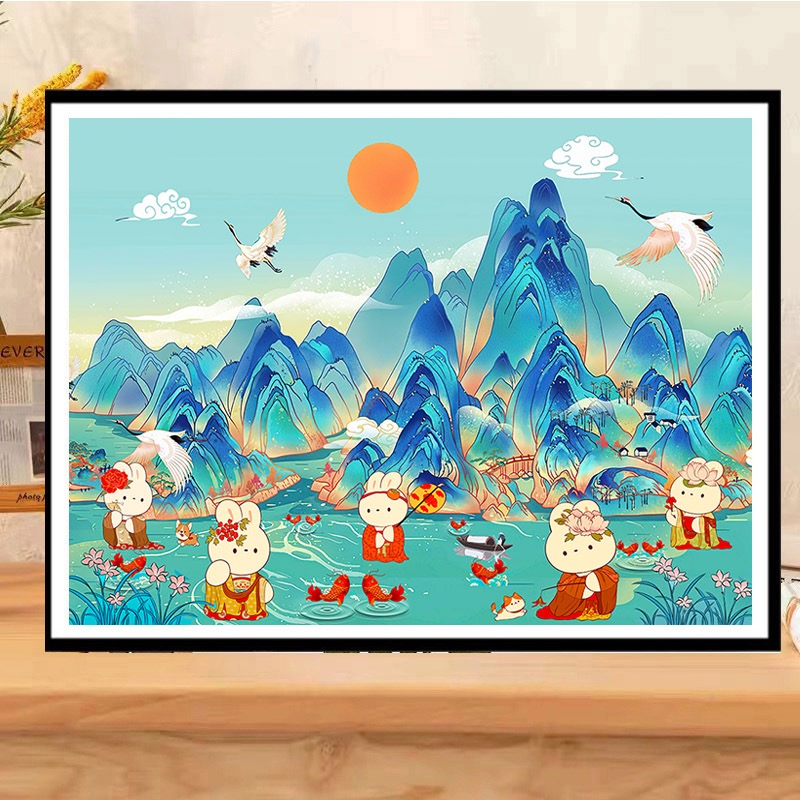 Tranh thêu chữ thập thỏ vui tươi vải kim tuyến 9CT 60x85cm