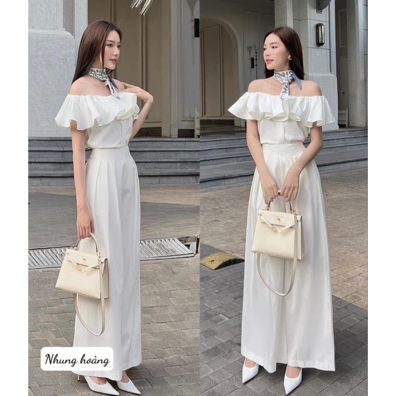 Sét áo trễ vai quần xuông 2 màu đen, trắng đi chơi, đi biển, đi tiệc | BigBuy360 - bigbuy360.vn
