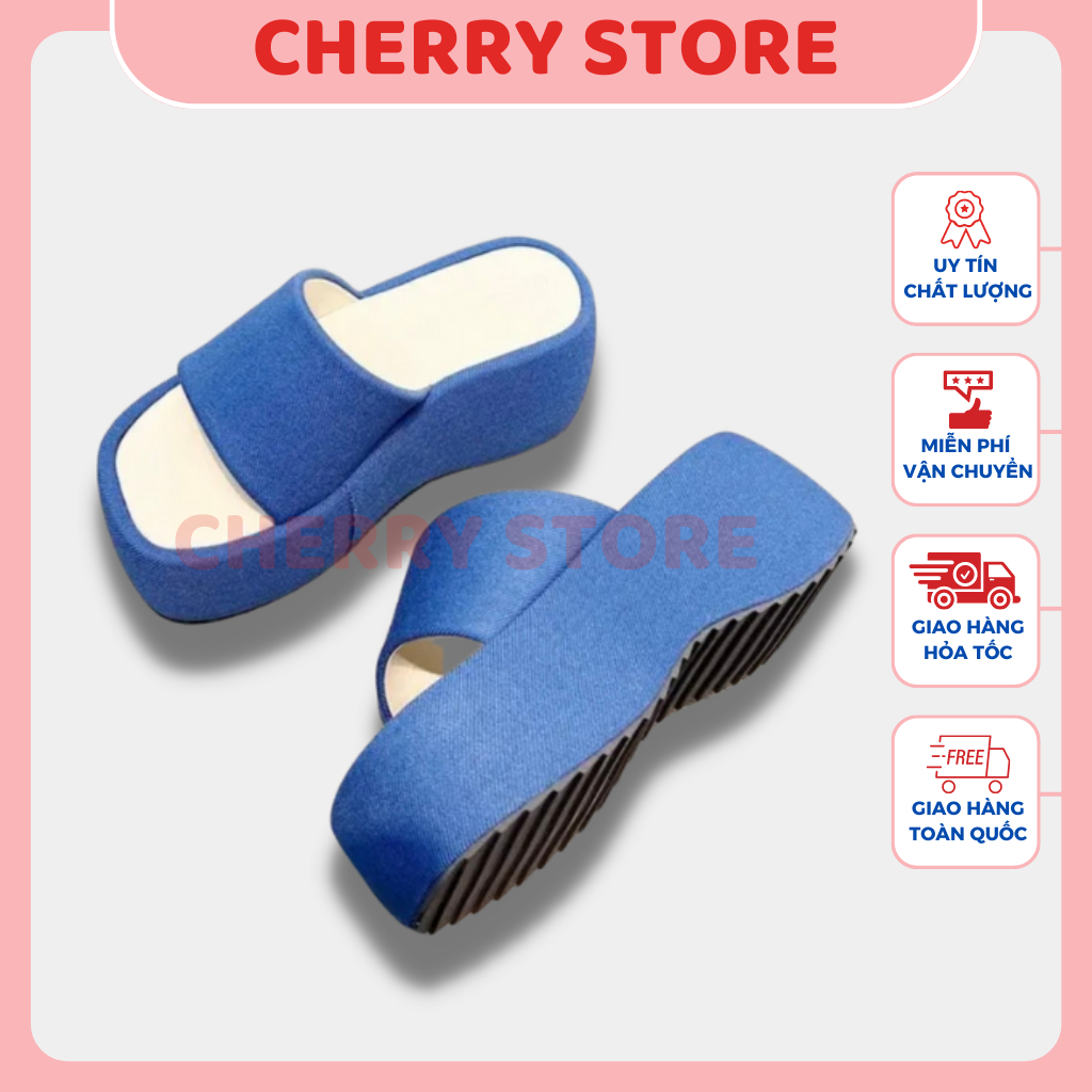 Dép xuồng nữ quai ngang đế bánh mì cao 7cm bọc vải jean mẫu cực hot chất cao cấp màu Xanh jean xinh bền đẹp cherry store
