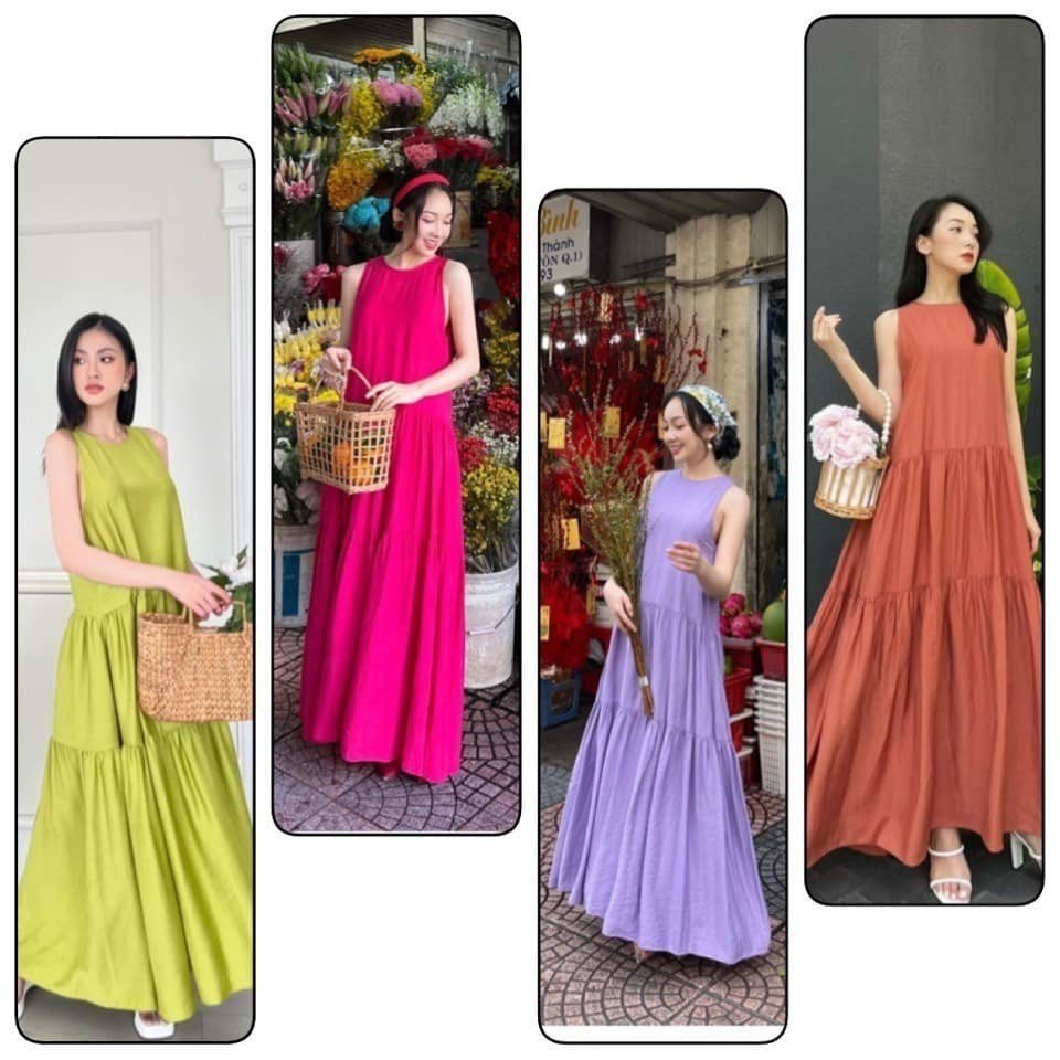 Váy maxi đi biển đầm xuông dài nhiều mầu đồng phục nhóm bạn đi du lịch