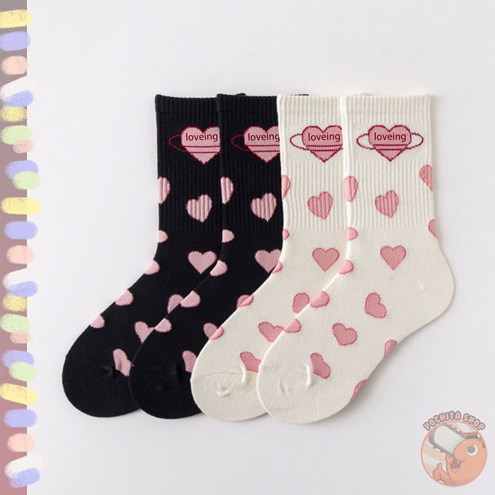 Tất Cổ Cao Nữ, Vớ Cao Cổ Đen Trắng Họa Tiết Trái Tim Cute Vải Cotton Co Giãn Mềm Mại Thời Trang Hàn Quốc Mùa Hè Thu Đông