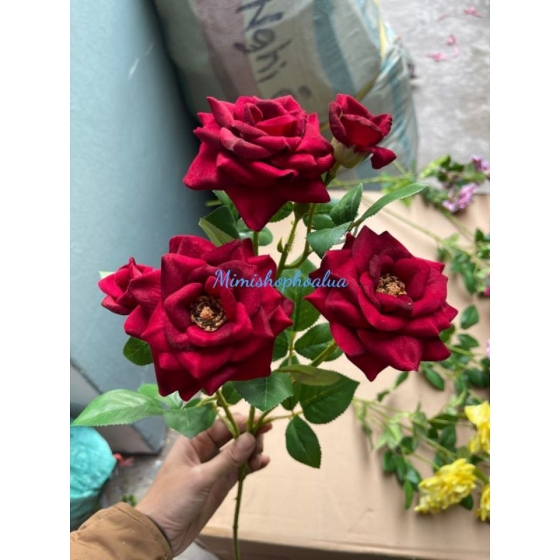 Hoa giả- cành hồng nhung cao cấp - giống thật, trang trí nhà cửa