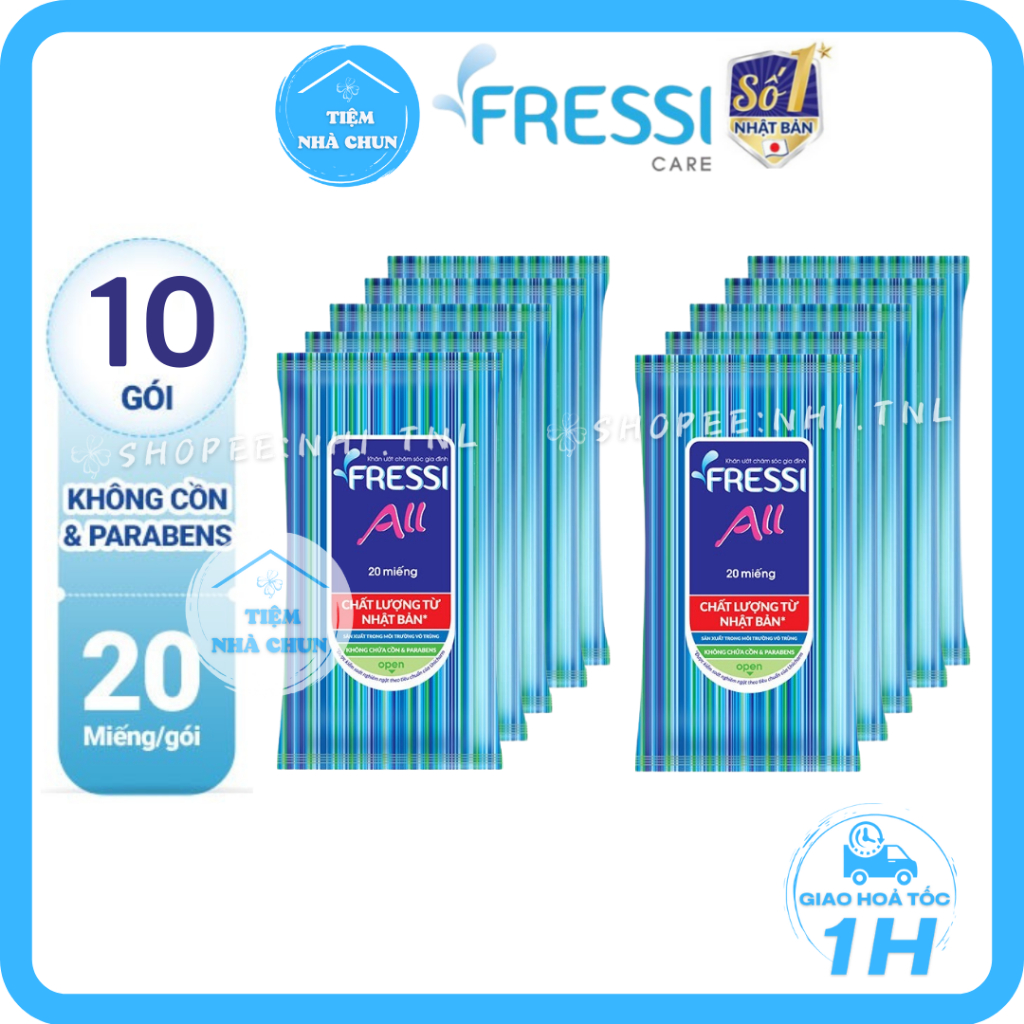 KHĂN ƯỚT FRESSI CARE ALL 20 Miếng - Lốc 10 Gói - Khăn Giấy Ướt Chăm Sóc