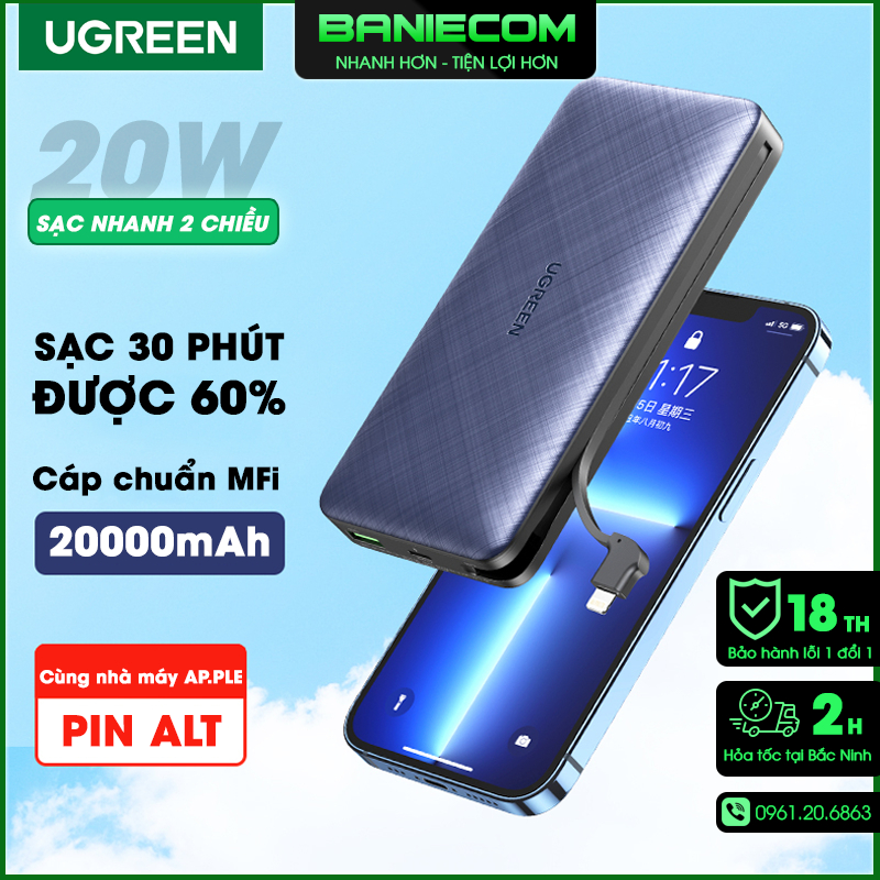Sạc dự phòng UGREEN 20000mAh PD20W tích hợp cáp iP chuẩn M.F.i sạc nhanh 2 chiều - Chính hãng 18T BH BANIECOM