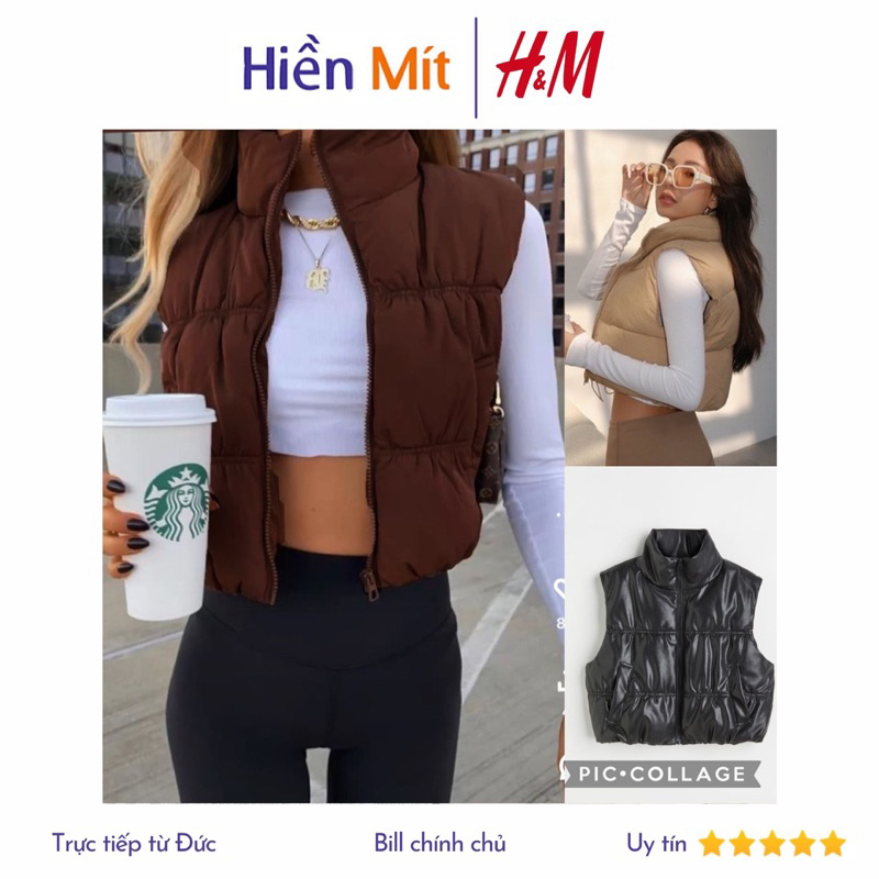 H&M Đức chính hãng - Áo phao gile dáng ngắn cổ cao màu nâu be đen sale new