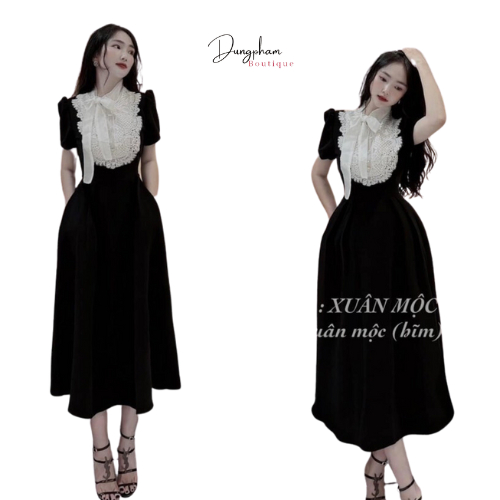 Váy đen tiểu thư cổ ren thắt nơ hàng thiết kế - Anna.Store
