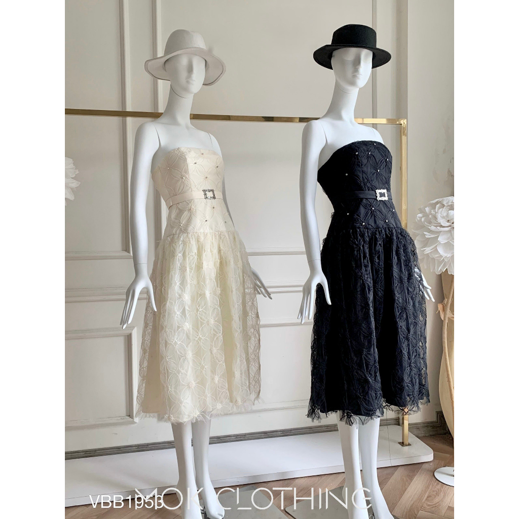 Đầm váy nữ cúp ngực ôm eo dáng midi xòe xếp li kiểu ren lưới họa tiết hoa phối thắt lưng đính cườm phong cách tiểu thư