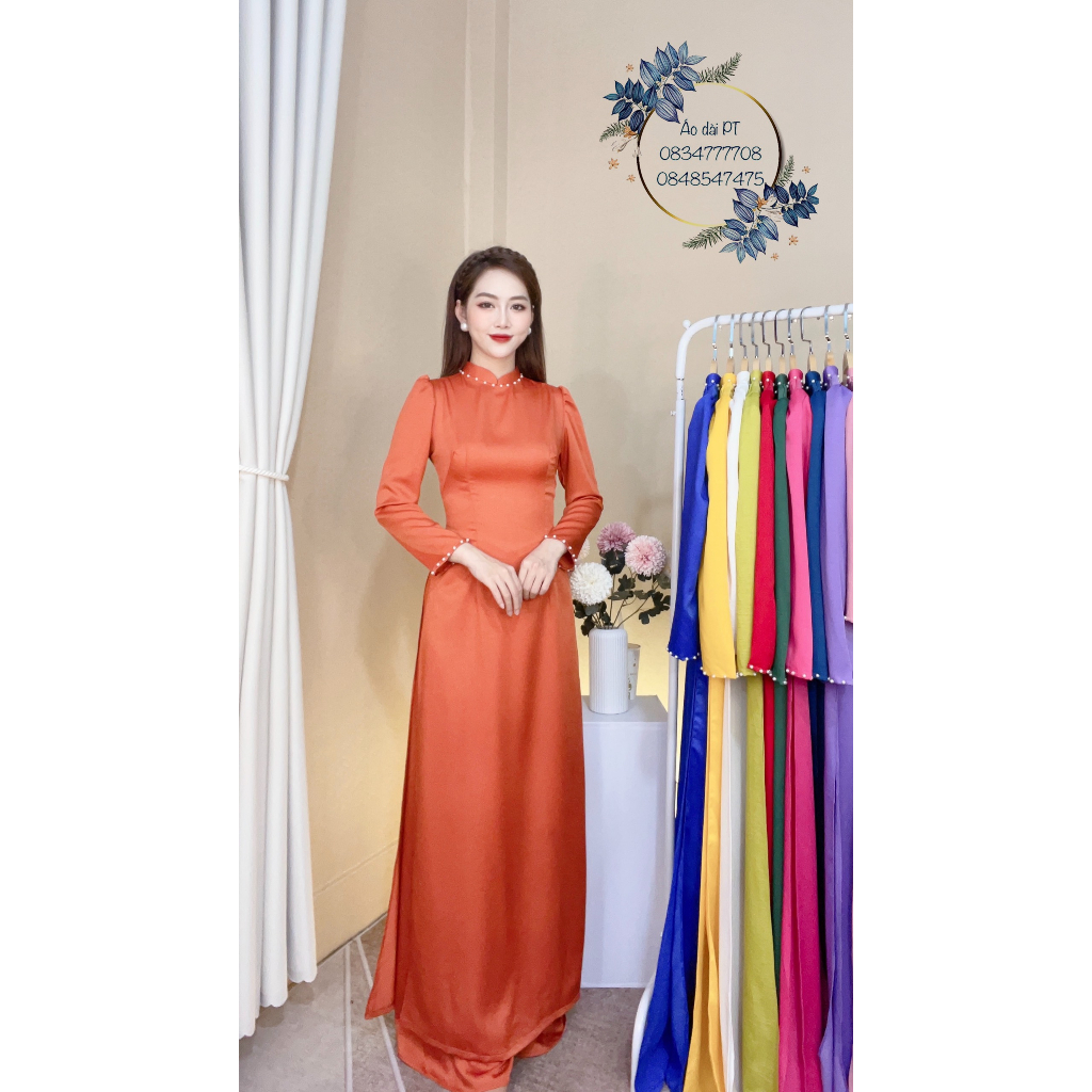 Áo dài lụa tây thi thiết kế màu xanh rêu xinh xắn