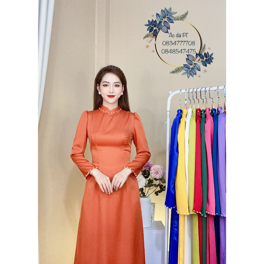 Áo dài lụa tây thi thiết kế màu xanh rêu xinh xắn