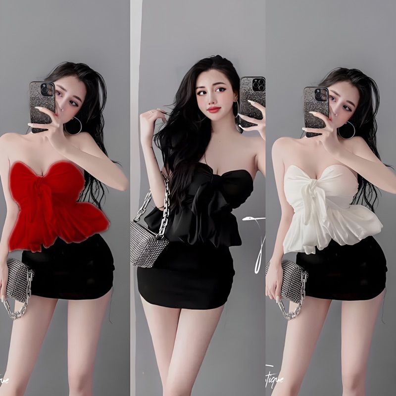 Set Áo Ống Cúp Nơ Phi Lụa Bí + Váy Chữ A Có Lót Quần