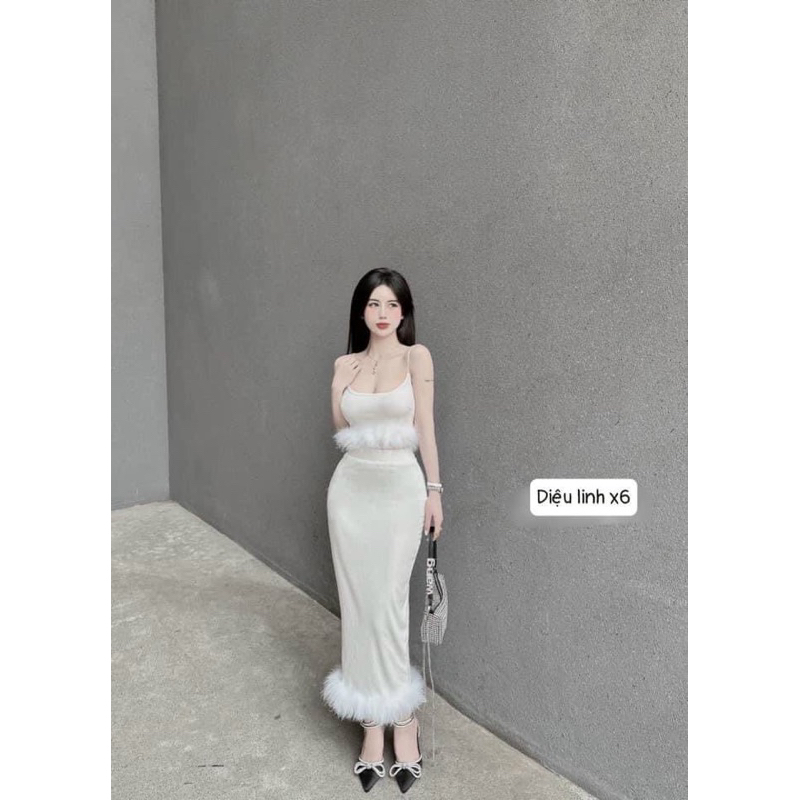 SET ÁO HAI DÂY PHỐI LÔNG VŨ KÈM CHÂN VÁY ĐUÔI CÁ DÀI