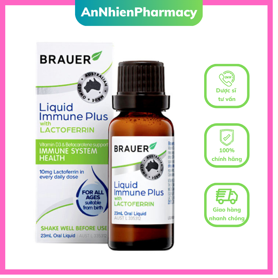 (Chính Hãng) SIRO BRAUER Liquid Immune Plus With Lactoferrin-Hỗ trợ Tăng đề kháng từ sữa non Cho Bé Từ Sơ Sinh chai 23ml