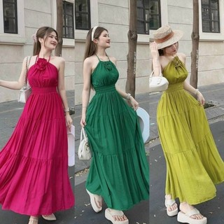 Đầm maxi đi chơi đi biển siêu HOT, dây cổ yếm đính bông chun eo siêu dễ thương cực xinh (ĐẦM THIẾT KẾ ĐỘC QUYỀN NB25👗💯)