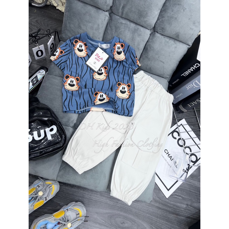 Bộ quần áo bé trai, set áo phông in tràn quần kaki túi hộp sành điệu cho bé 10-22kg