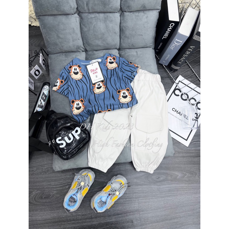 Bộ quần áo bé trai, set áo phông in tràn quần kaki túi hộp sành điệu cho bé 10-22kg