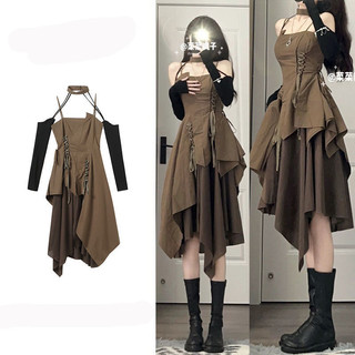 Váy xòe 2 dây thắt dây thiết kế bất đối xứng độc đáo gợi cảm Đầm chữ A eo cao thời trang nữ