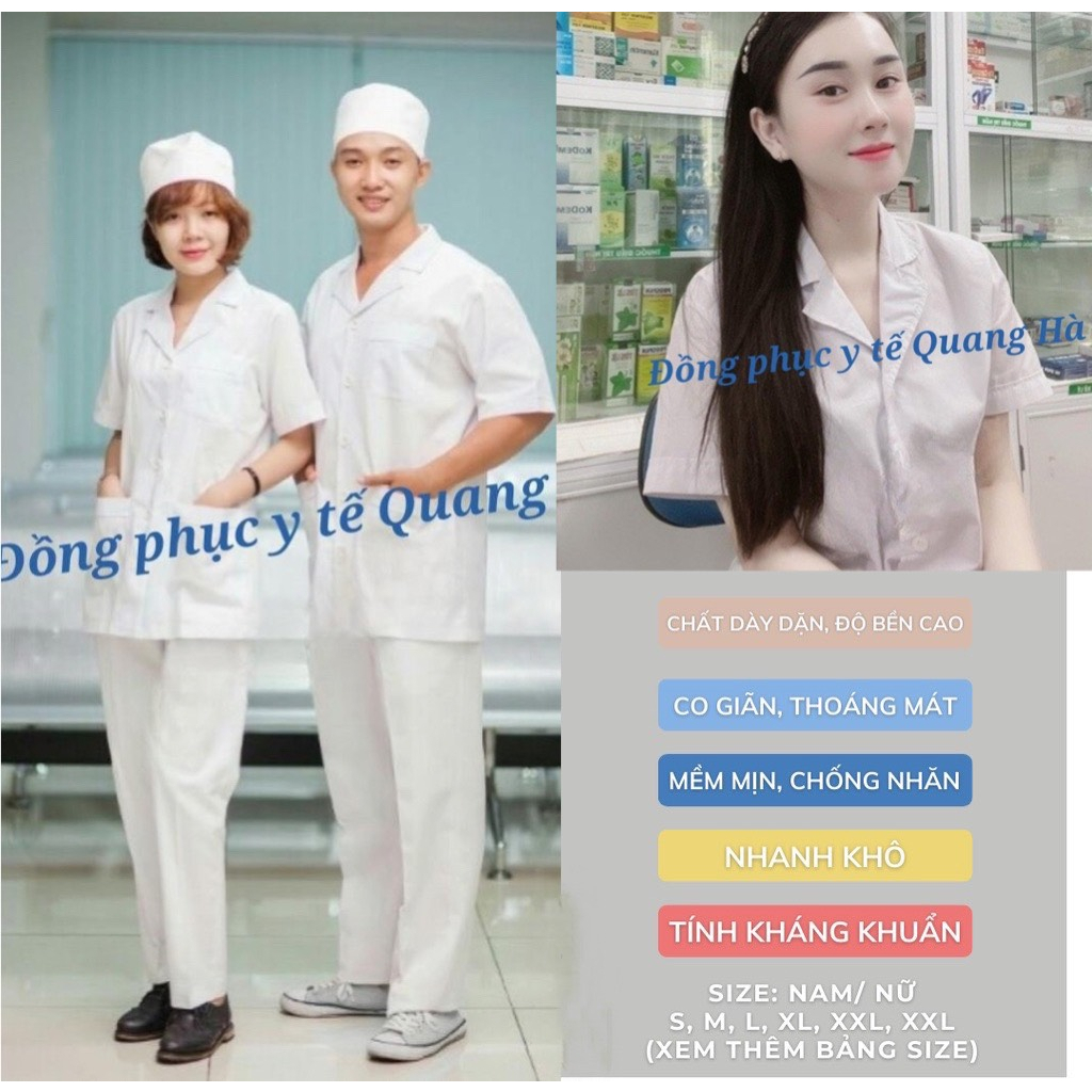 Bộ Quần Áo Blouse CỘC TAY, Dáng ngắn ngang mông NỮ màu trắng cho Điều Dưỡng, Y tá ,Dược Sĩ, Vải Thô Cotton.