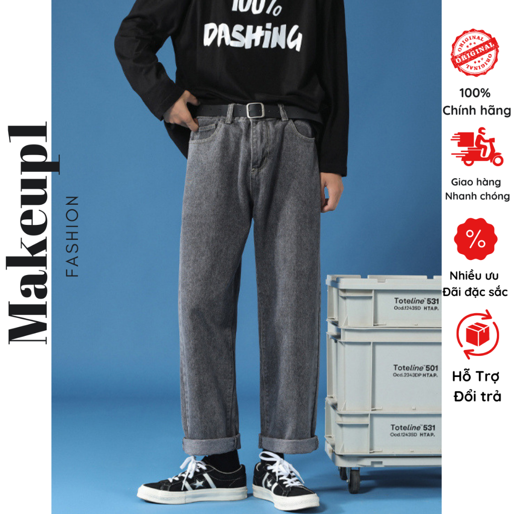 Quần jean nam nữ unisex dáng suông rộng, quần bò baggy trơn form ống rộng hot trend 2023, chất jean đẹp Makeup1