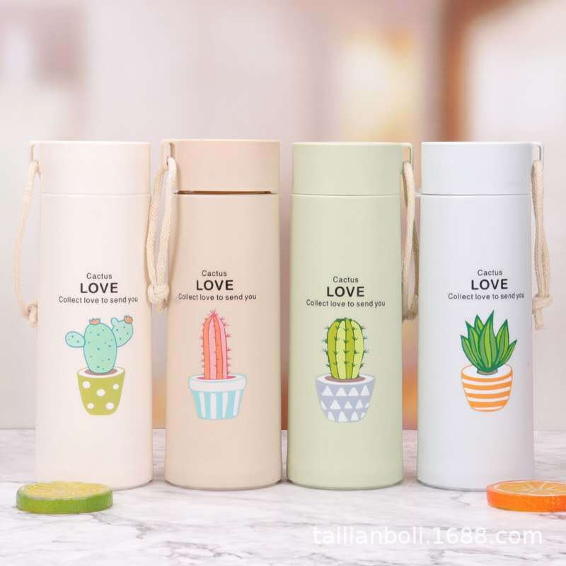 Bình đựng nước lõi thuỷ tinh cách nhiệt hai lớp 330ml cầm tay dễ thương, Bình nước cho bé hình xương rồng đáng yêu