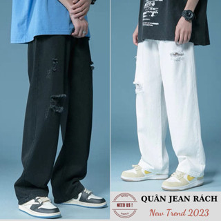 Quần jean nam rách trắng đen 2 gối gấu CẠP CAO ống suông rộng chất vải bò cao cấp RG01 Ullzang hàn quốc NEEDUS 2023