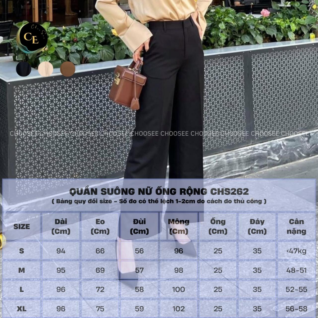 Quần ống rộng nữ Choosee dáng suông dài style lưng cạp cao baggy vải cao cấp loe culottes màu đen CHS262