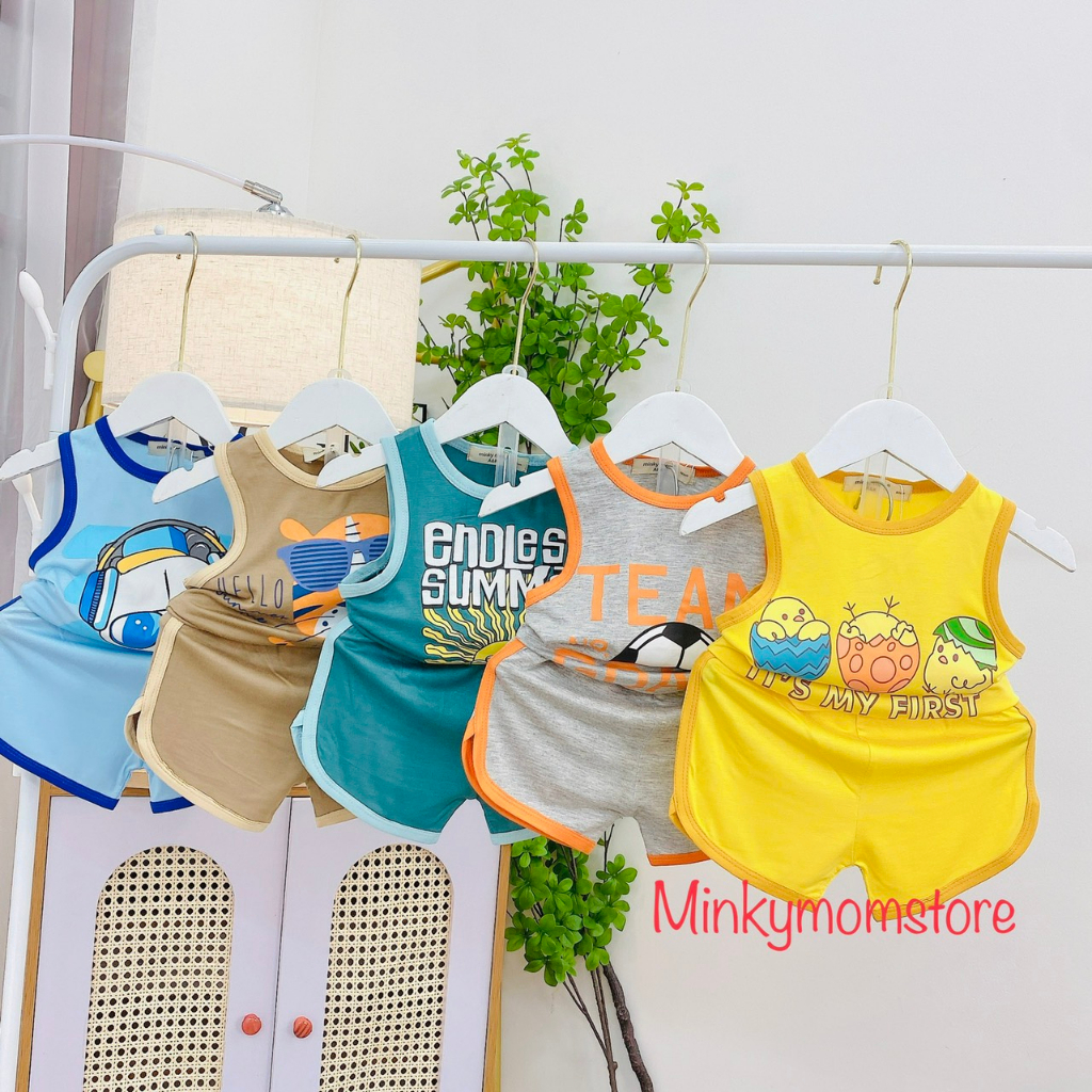 Bộ Ba Lỗ Minkey Baby Chất Thun In Hình Dể Thương Cho Bé Trai -Bé Gái, Minky Mom